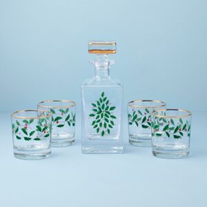 Holiday Holly & Berry Decanter and Whiskey Glass Set, 5-Piece