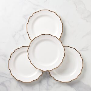 White Scalloped Dinner Plates with Gold Rim, Set of 4